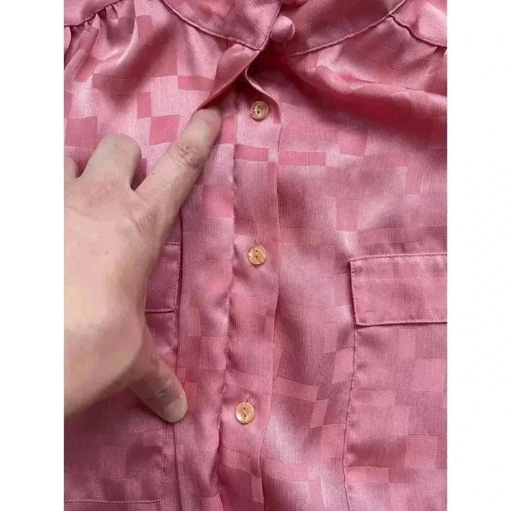 Vintage Alicia Women's Satin Style Long Sleeve Blouse Pink Size 10 Button Front - Picture 8 of 14